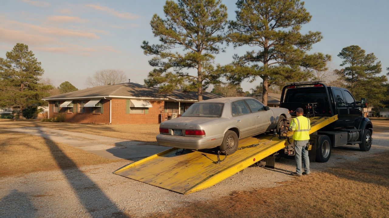 Flatbed tow truck loading a silver sedan in a residential driveway