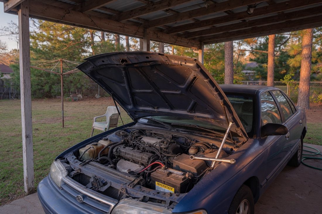 Blue sedan with the hood open under a carport