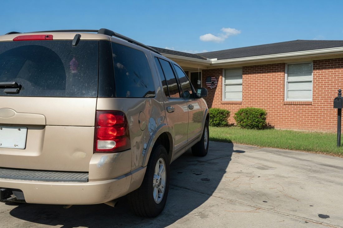 Tan SUV with a dented rear quarter panel in a driveway