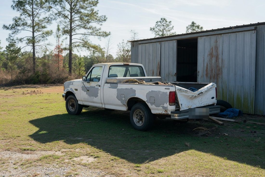 Faded white pickup with a damaged tailgate parked by a metal shed