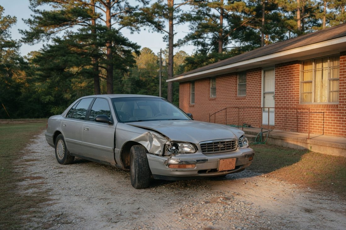 Silver sedan with front-end damage in a gravel driveway